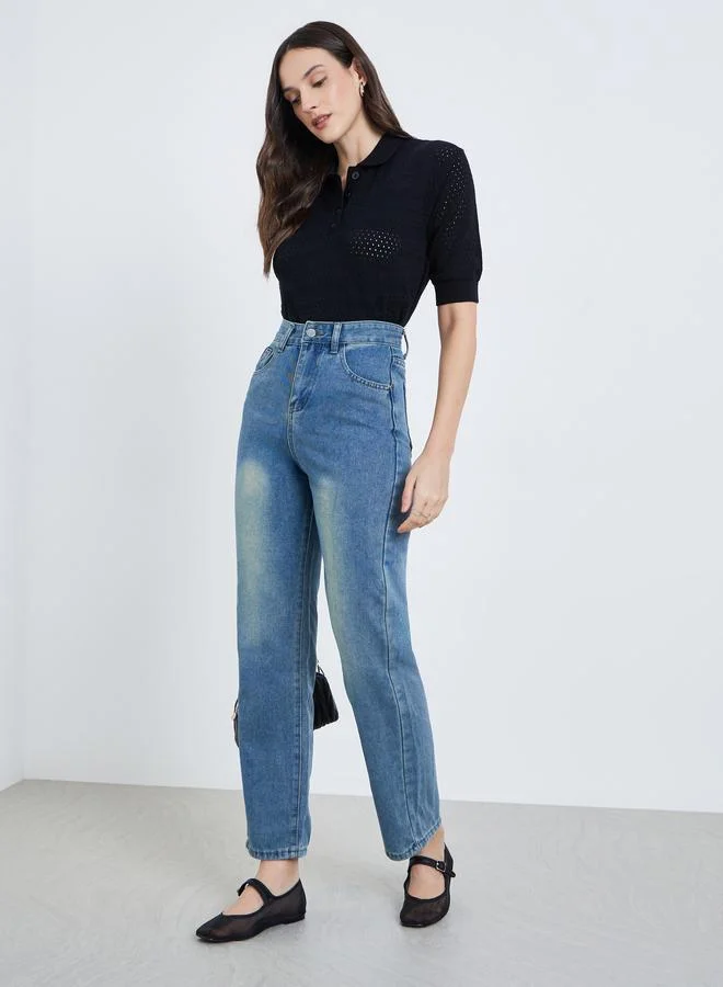 Styli Women Wide Leg Faded Jeans